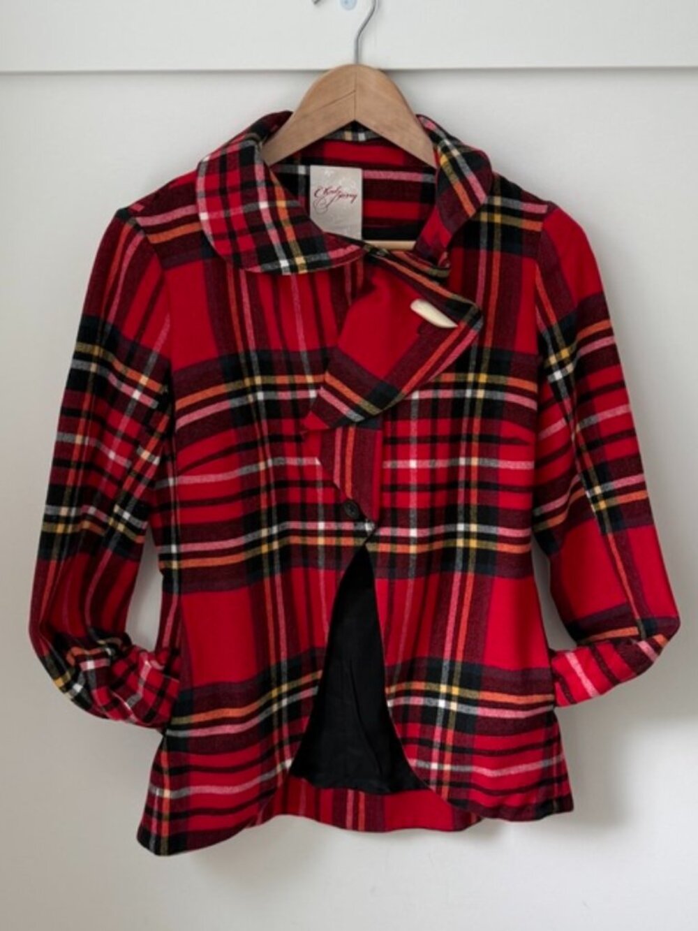 CHULO PONY Asymmetrical Red Tartan Plaid Statement Blazer Jacket
